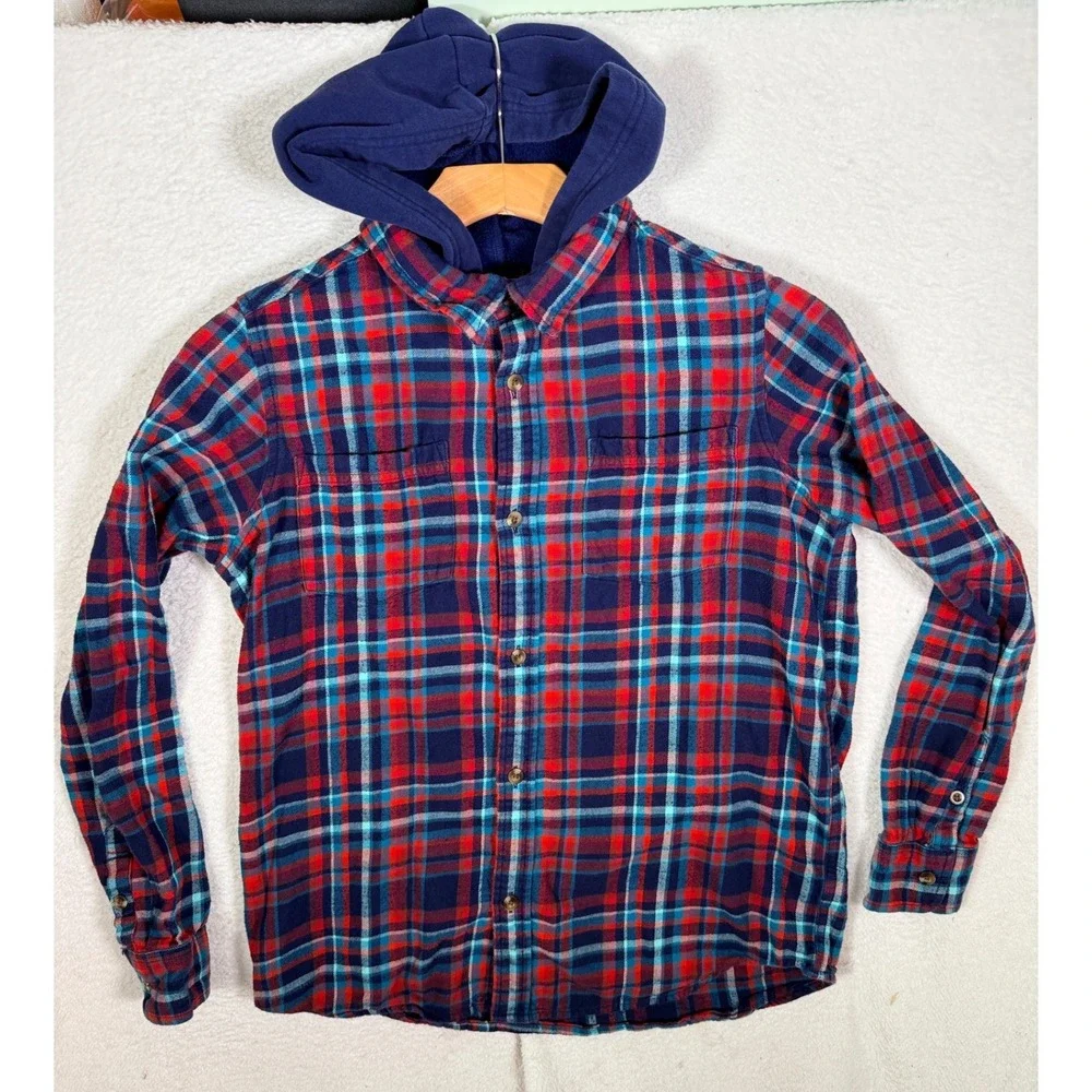 Lands End Boys XXL 18-20 Hooded Flannel Shirt Red Blue Plaid Button Up 525170